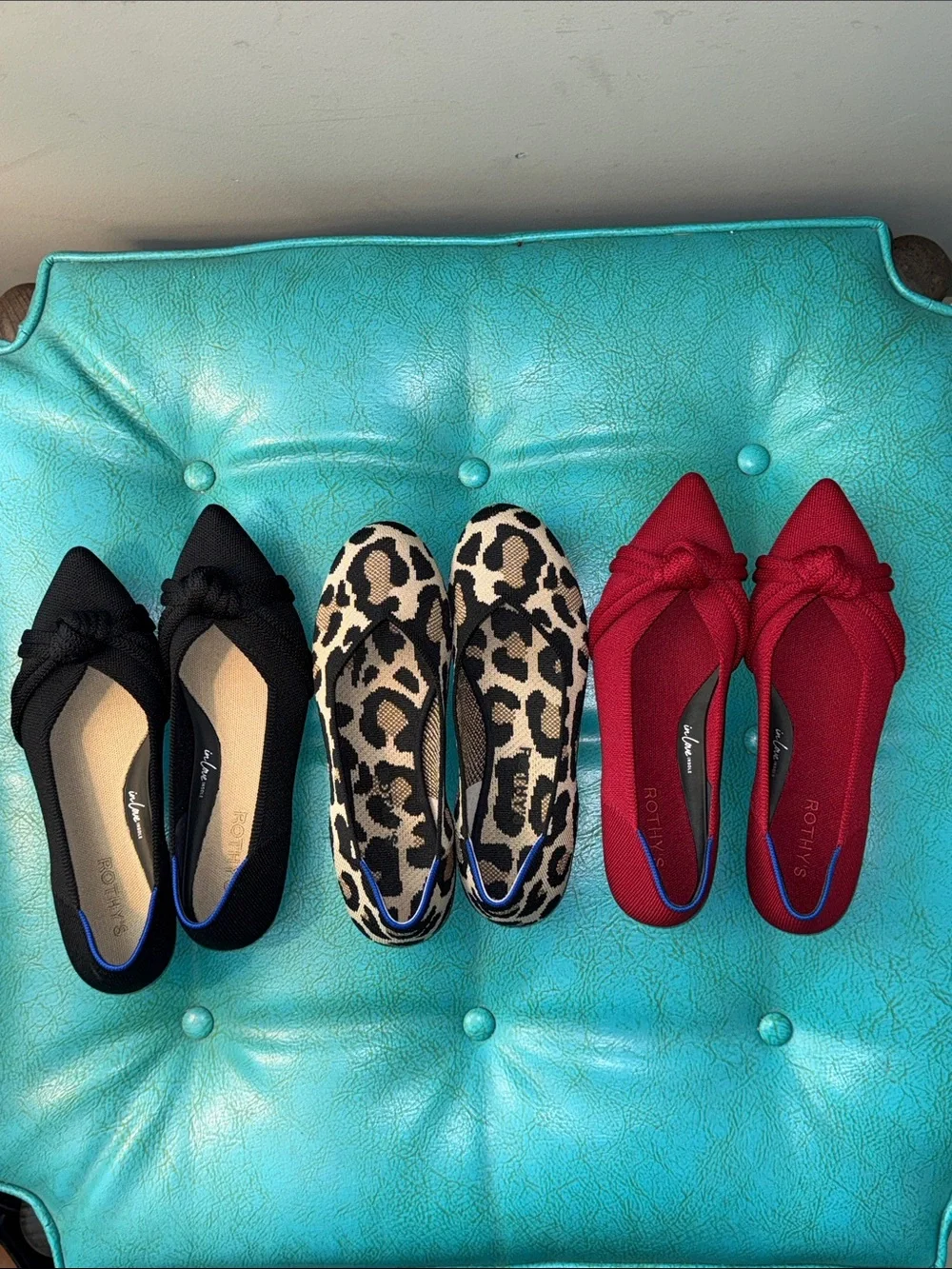 3 pair Rothy’s red and black knot points+ Desert Cat leopard flat washable 8.5